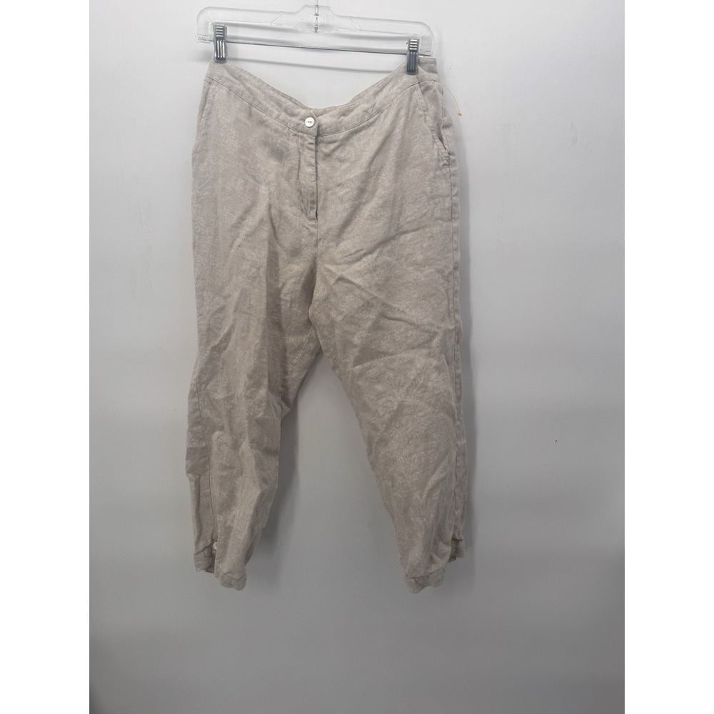 Lands End Women's Linen Capri Sz 10 Tan/Cream Print Button up Draw String